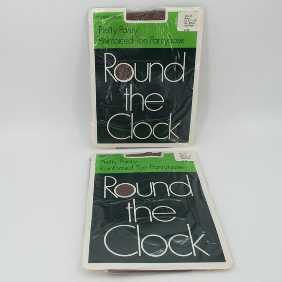 Vintage Pair Round the Clock Pretty Panty Satin Taupe Reinforced Toe Pantyhose - Picture 1 of 6
